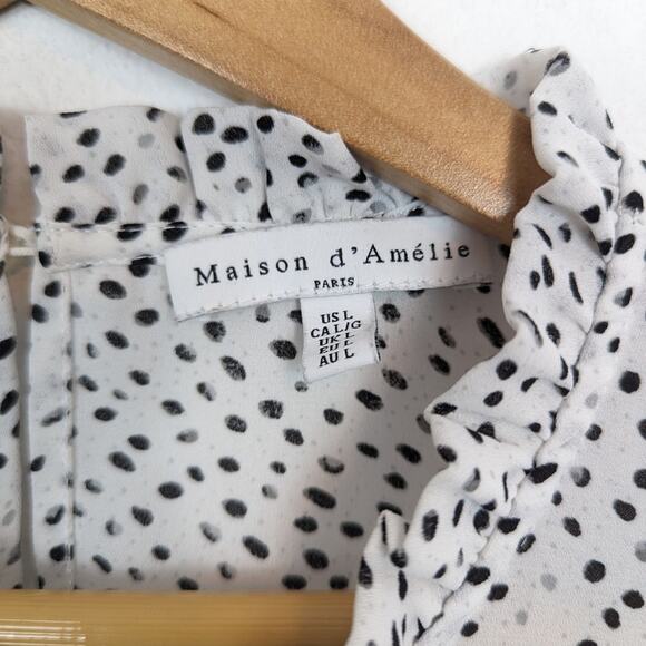 Maison d’ Amélie White & Black Dotted Ruffle Trim Blouse Size L - Picture 7 of 8